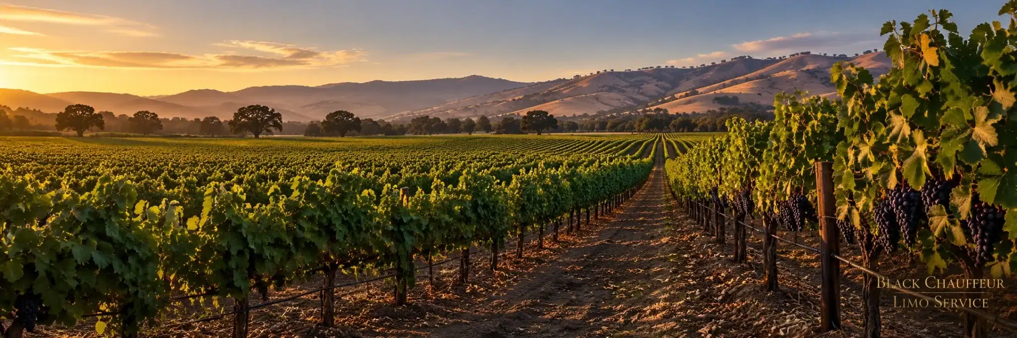 Illustrative Santa Clara Valley vineyard near Gilroy with grape rows and a country lane