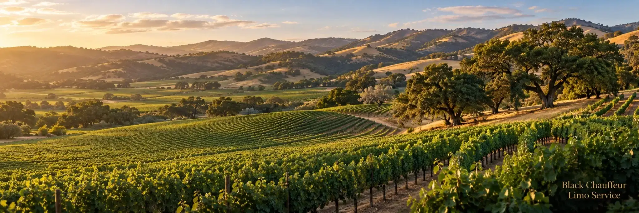 Illustrative Morgan Hill vineyard panorama with rolling hills and a mature oak tree
