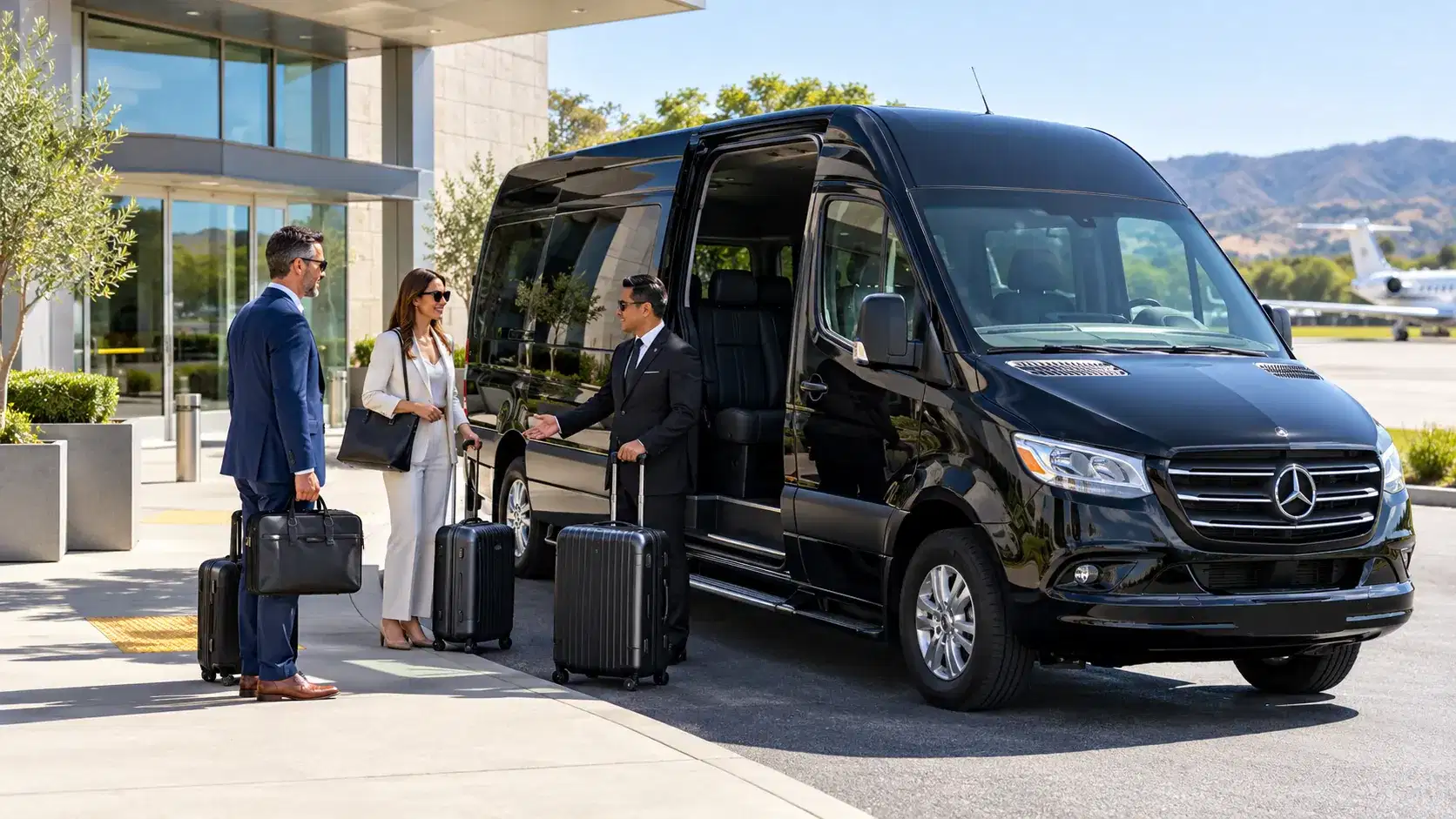 Illustrative business group luggage coordination beside a black Sprinter at a private terminal landside entrance