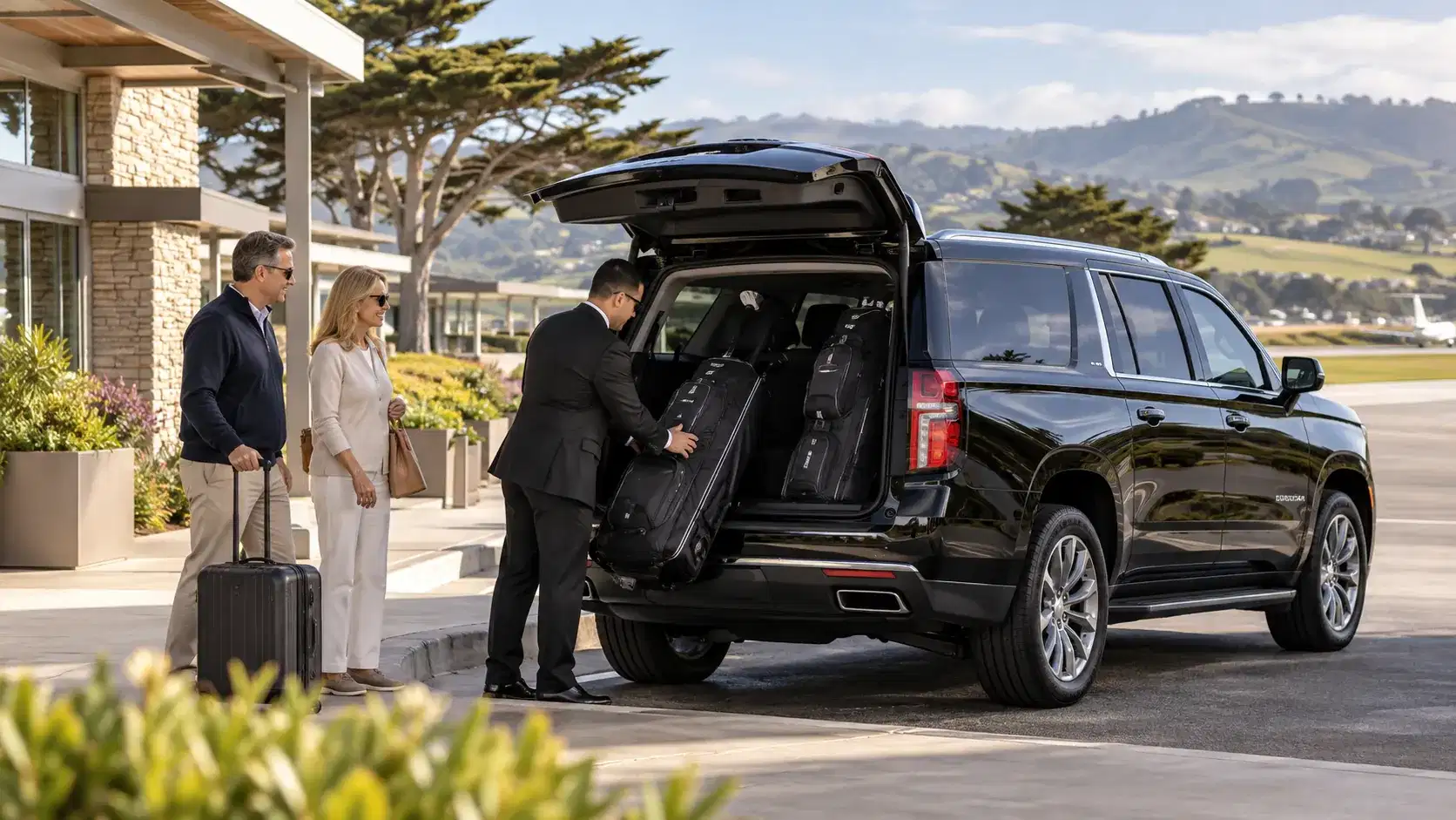Illustrative Monterey Peninsula golf transfer with a chauffeur loading golf bags into a black SUV