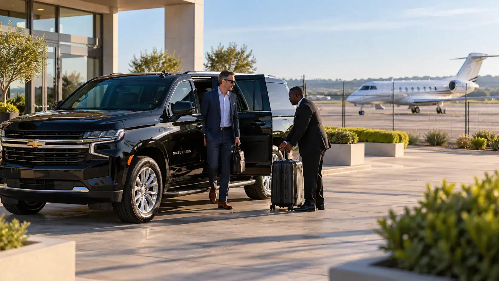 Illustrative private aviation arrival with a chauffeur, black SUV and executive traveler outside a landside terminal