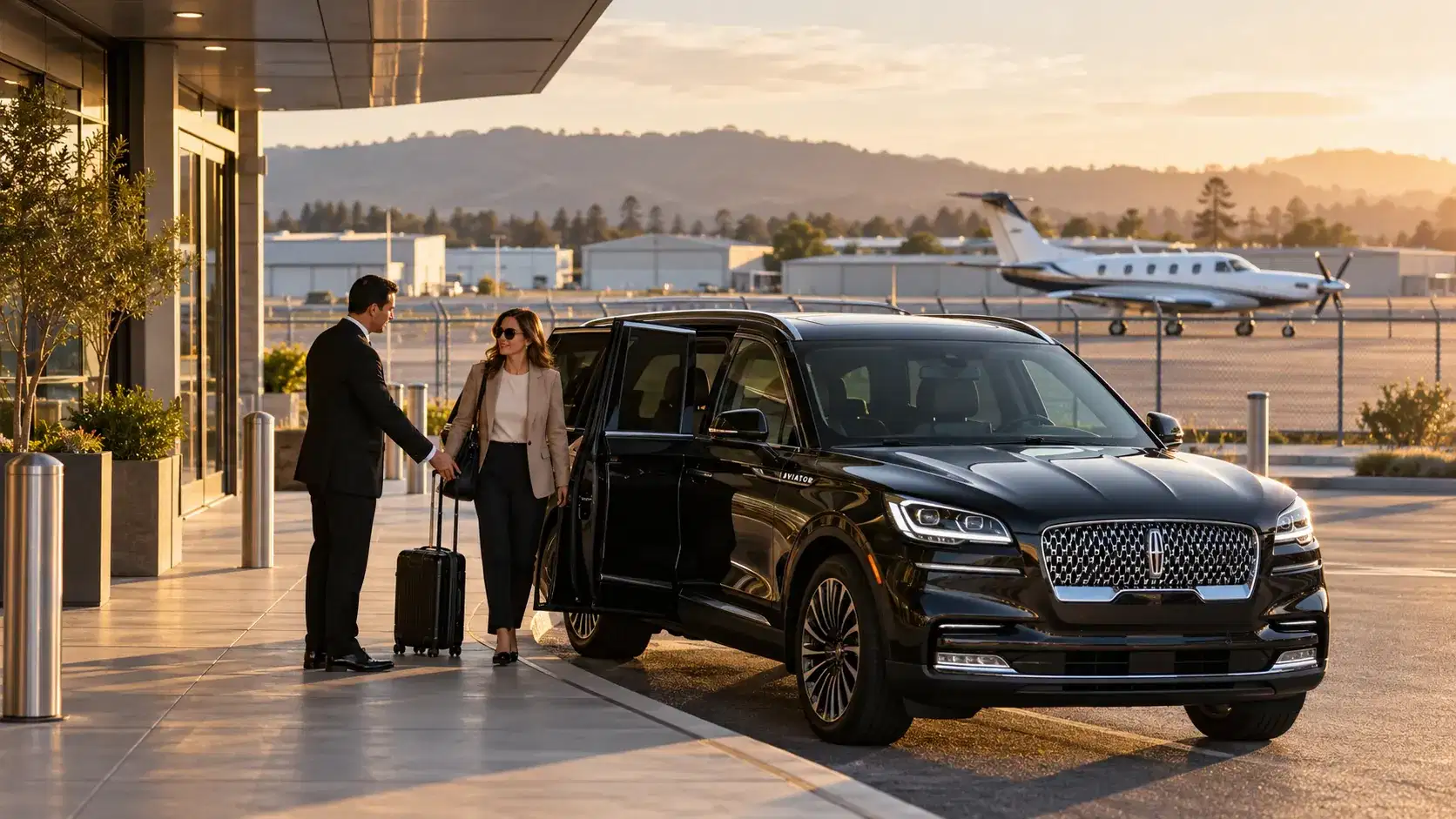 Illustrative Peninsula airport transfer with a chauffeur and black Lincoln Aviator outside a small aviation terminal