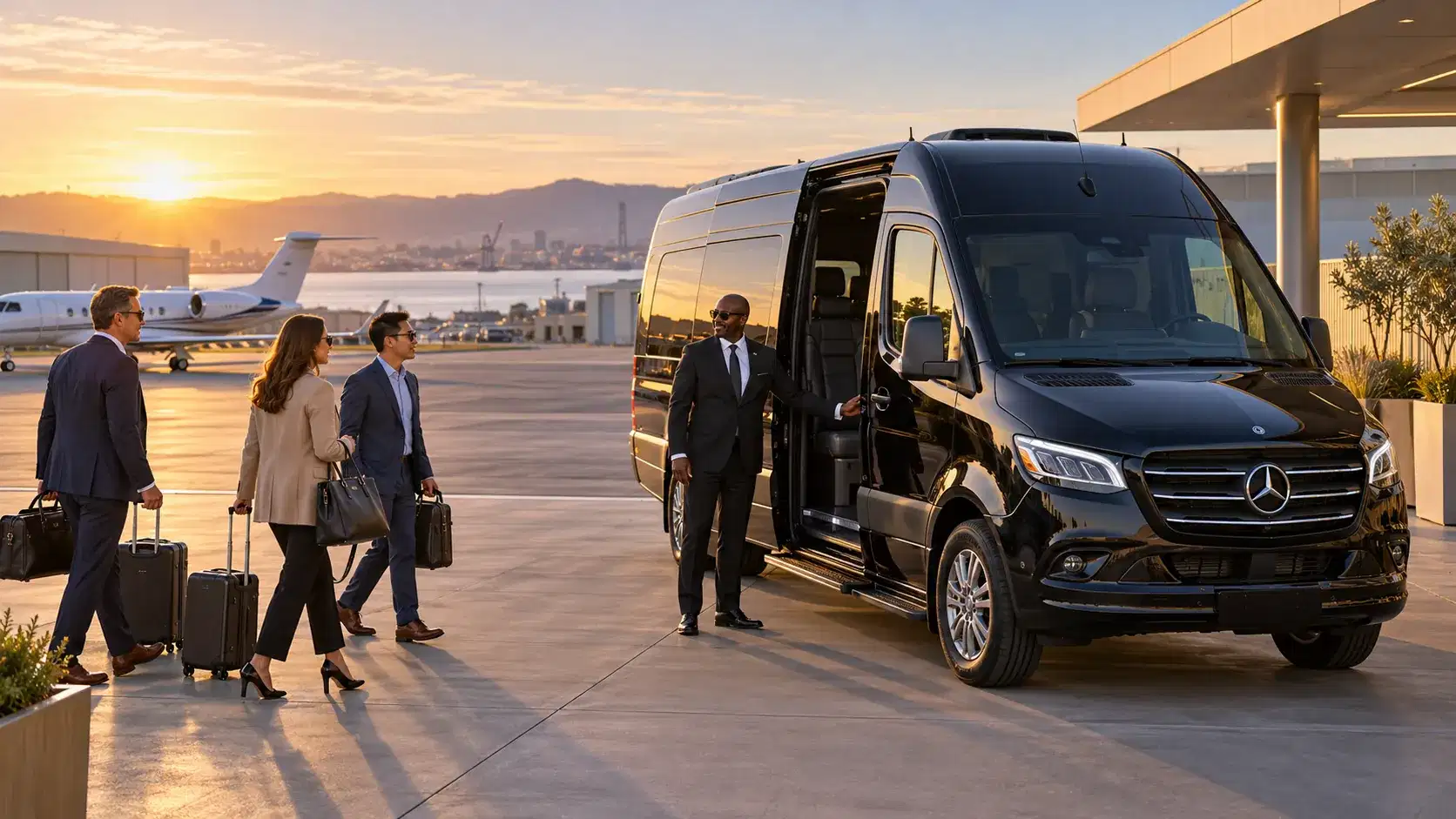 Illustrative East Bay business group boarding a black Sprinter outside a private aviation terminal