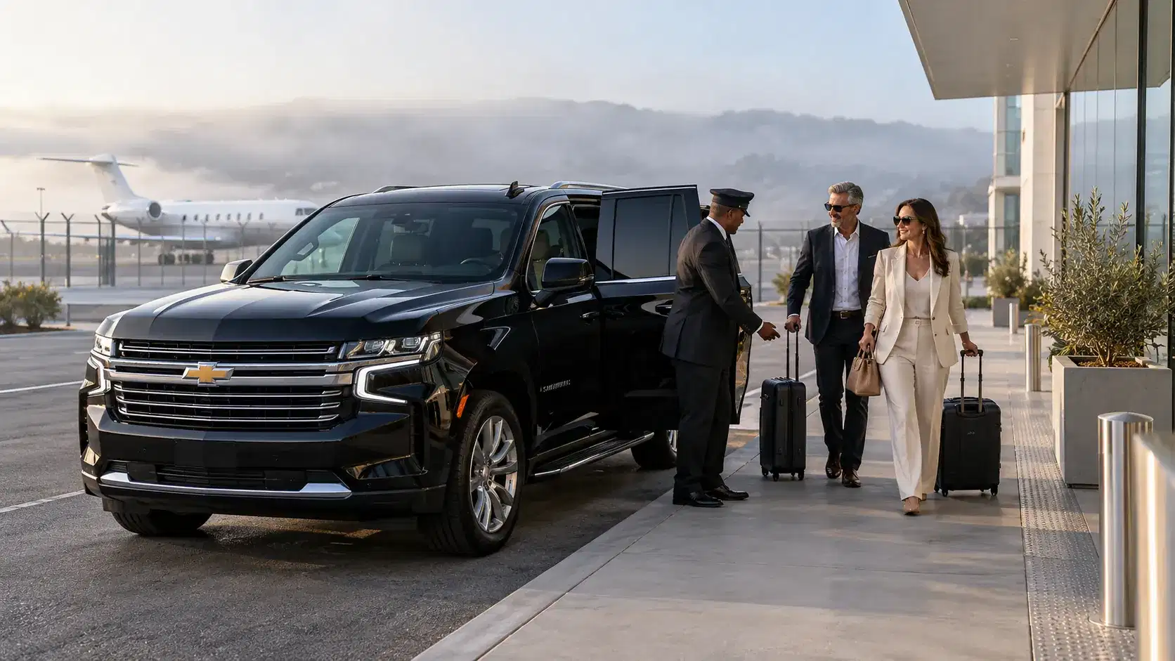 Illustrative coastal private-terminal arrival with a chauffeur, black SUV and two executive travelers