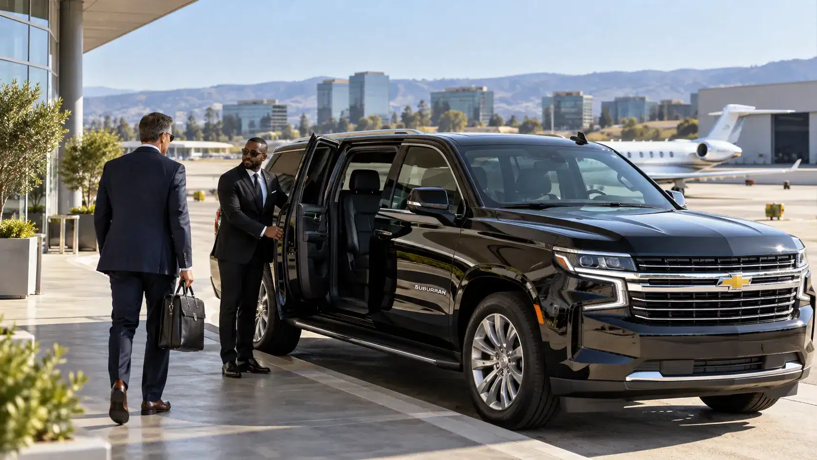 Illustrative executive roadshow departure with a chauffeur and black SUV outside a Silicon Valley private terminal