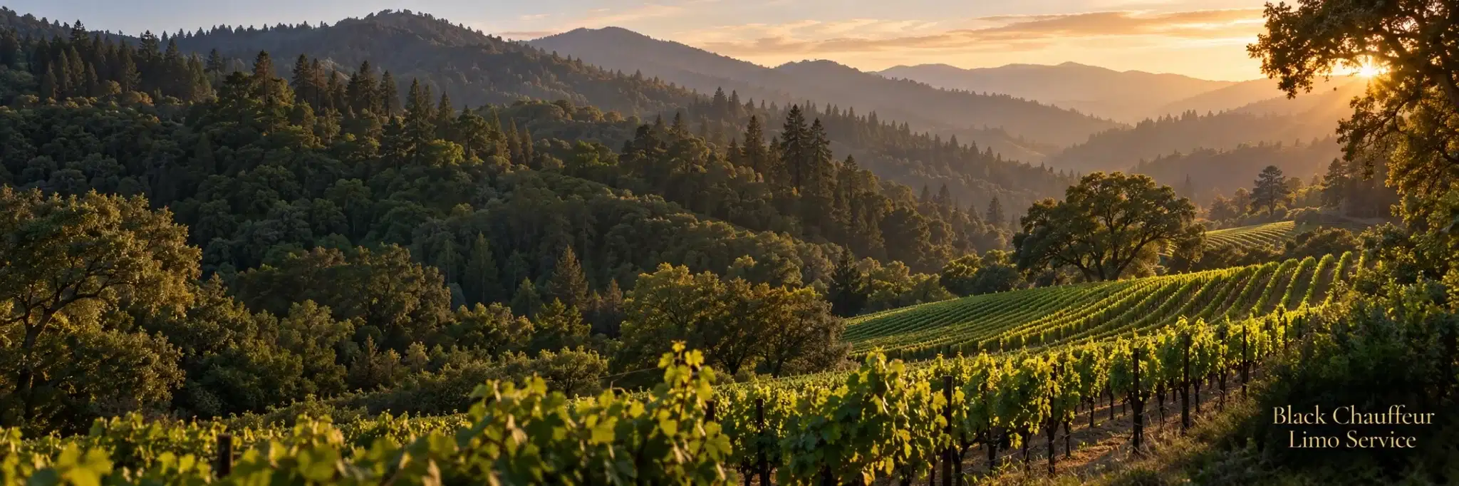 Illustrative Santa Cruz Mountains vineyard panorama with forested ridges and hillside vines