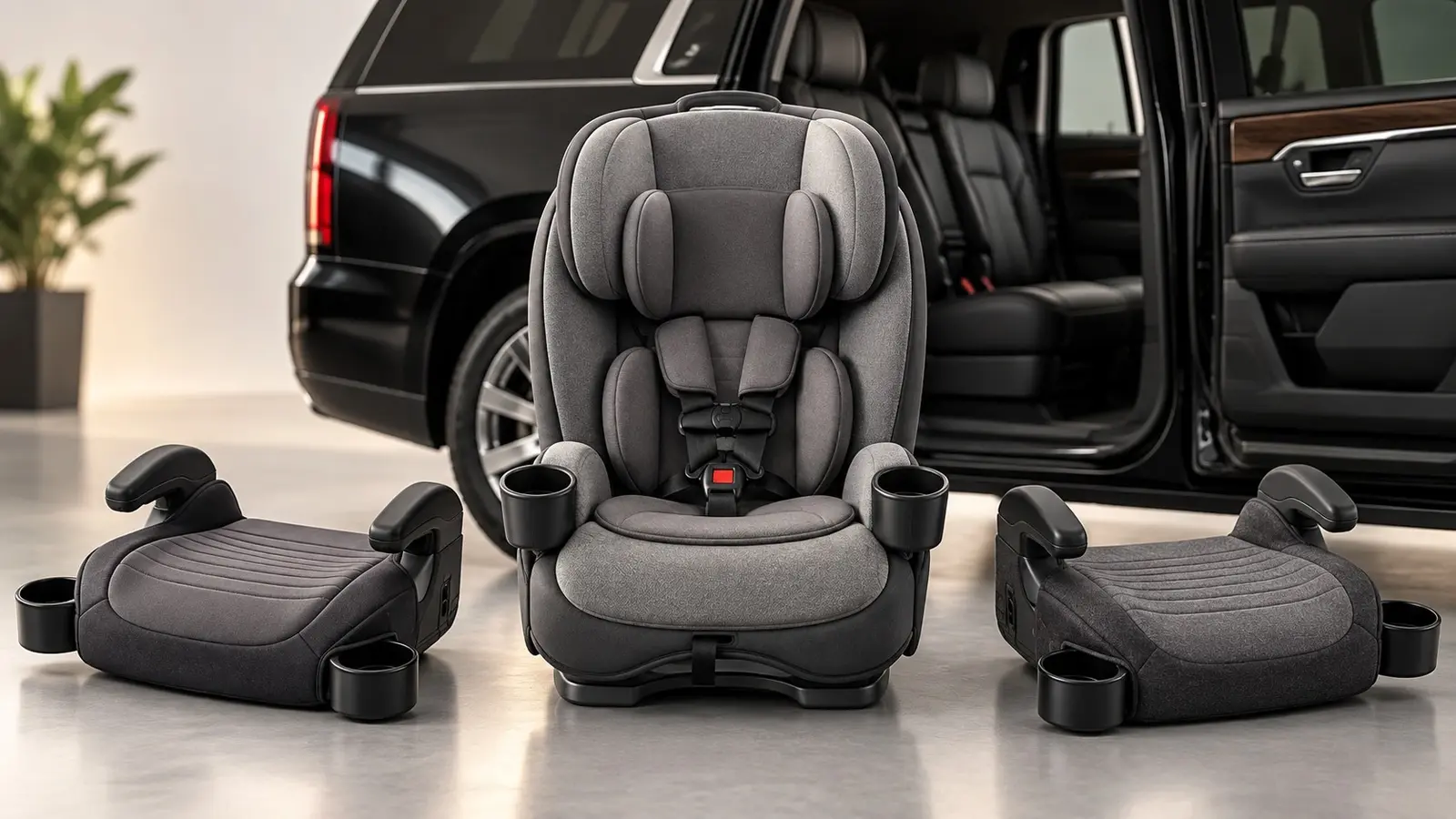Convertible child car seat and two booster seats available for pre-arranged Bay Area chauffeur transportation