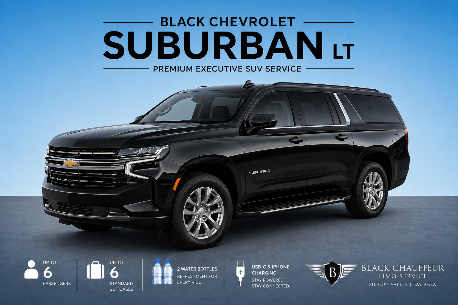 Black Chevrolet Suburban LT executive SUV chauffeur service Silicon Valley airport transportation