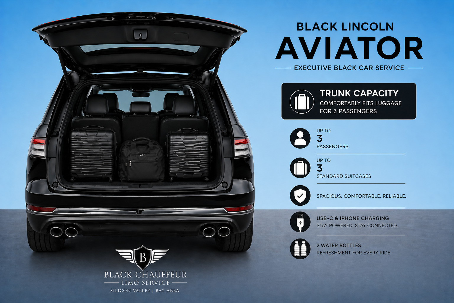 Lincoln Aviator luggage capacity 3 passengers chauffeur service Silicon Valley
