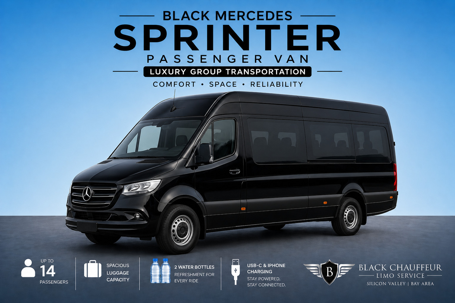 Black Mercedes Sprinter passenger van 14 passengers Silicon Valley group transportation