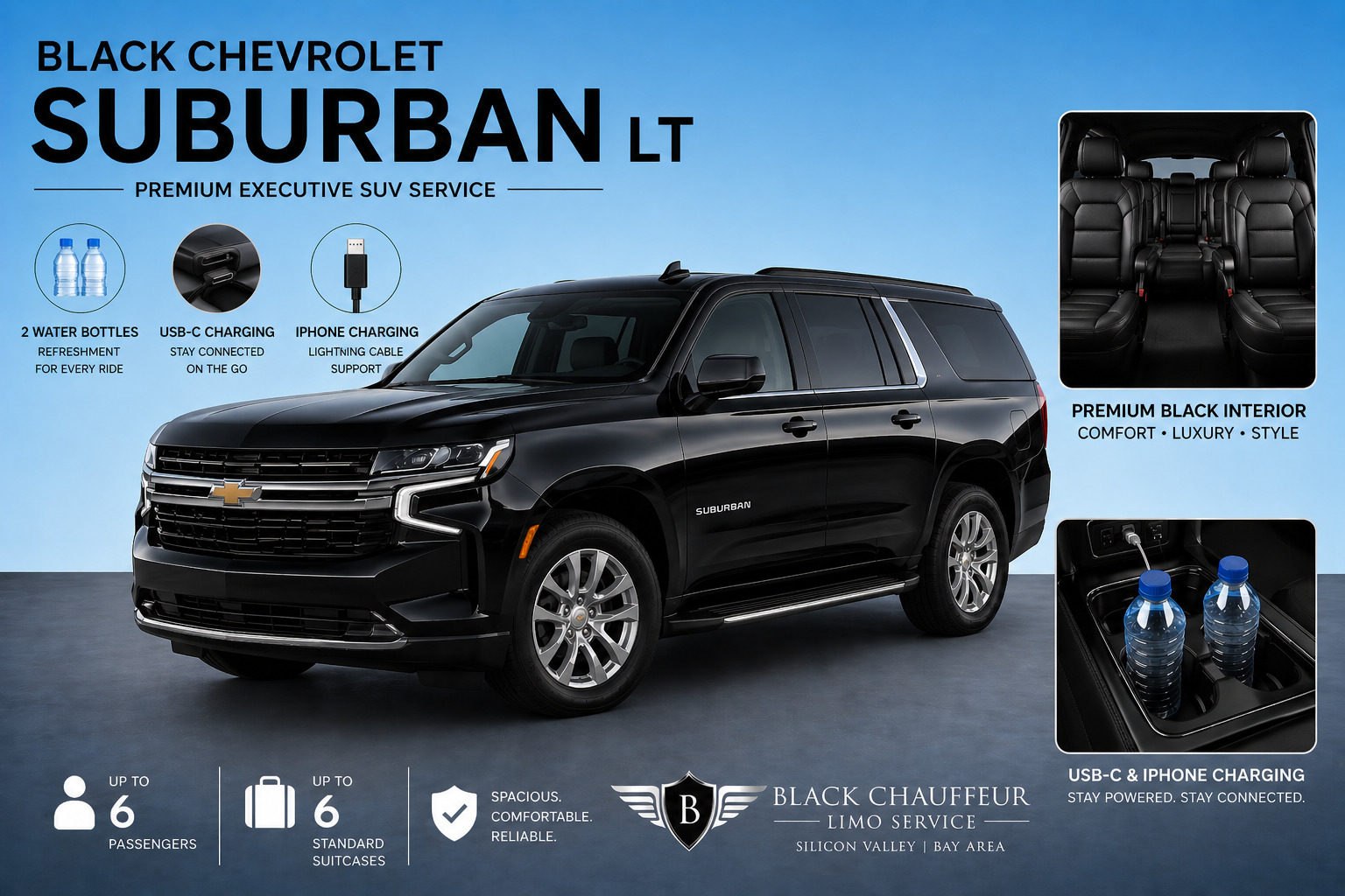 Chevrolet Suburban bench seat interior chauffeur service Silicon Valley