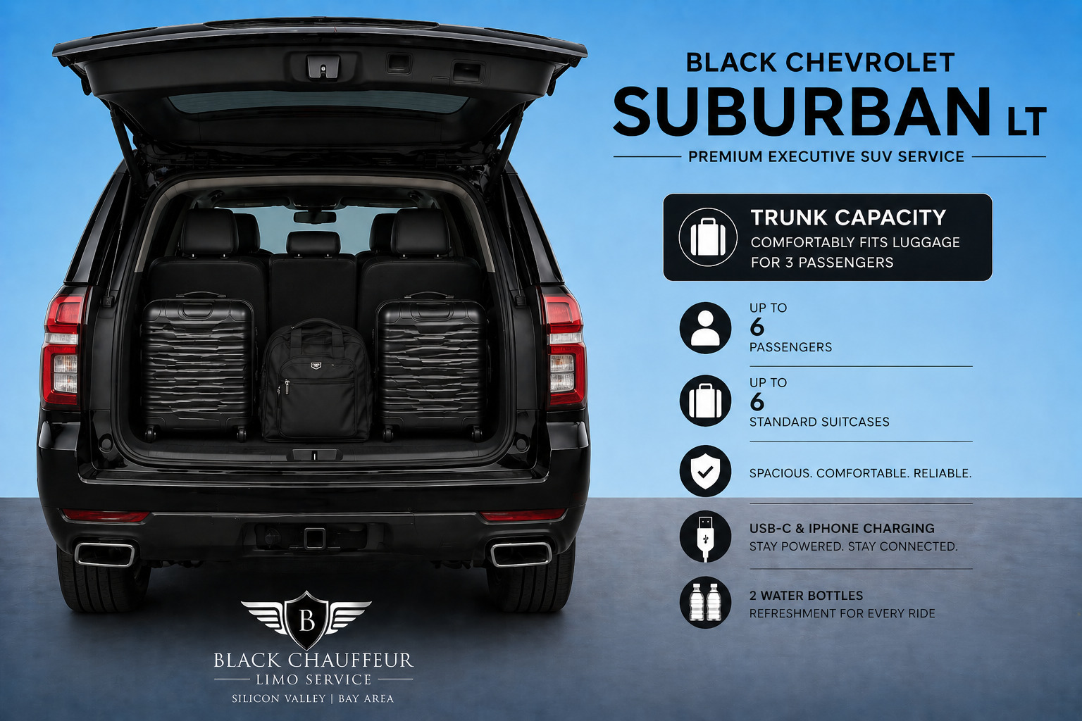 Suburban luggage capacity airport transfer black SUV Silicon Valley