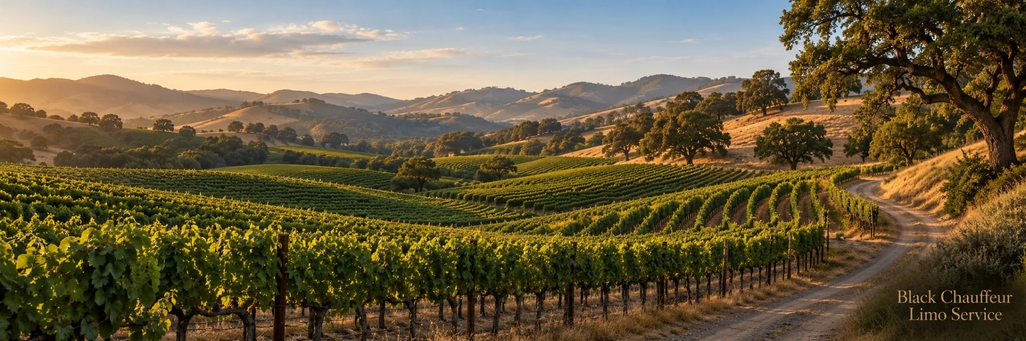 Illustrative San Benito County vineyard panorama with rolling hills, an oak tree and a rural lane