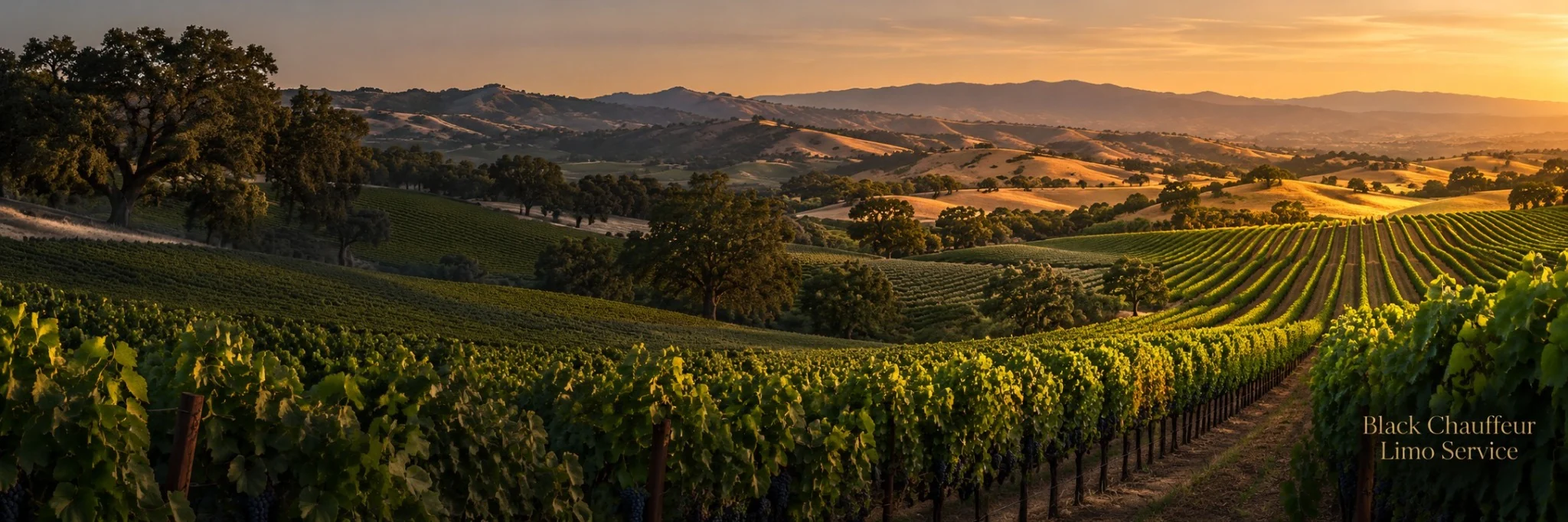 Illustrative Livermore Valley vineyard panorama with golden hills and an oak tree