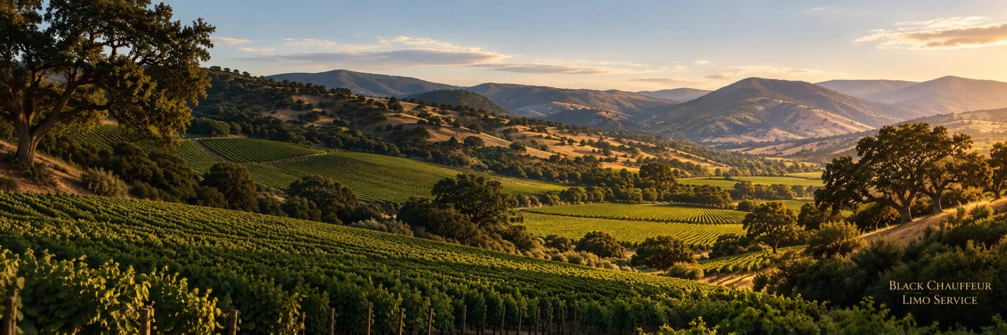 Illustrative Carmel Valley vineyard panorama with inland hills and oak trees