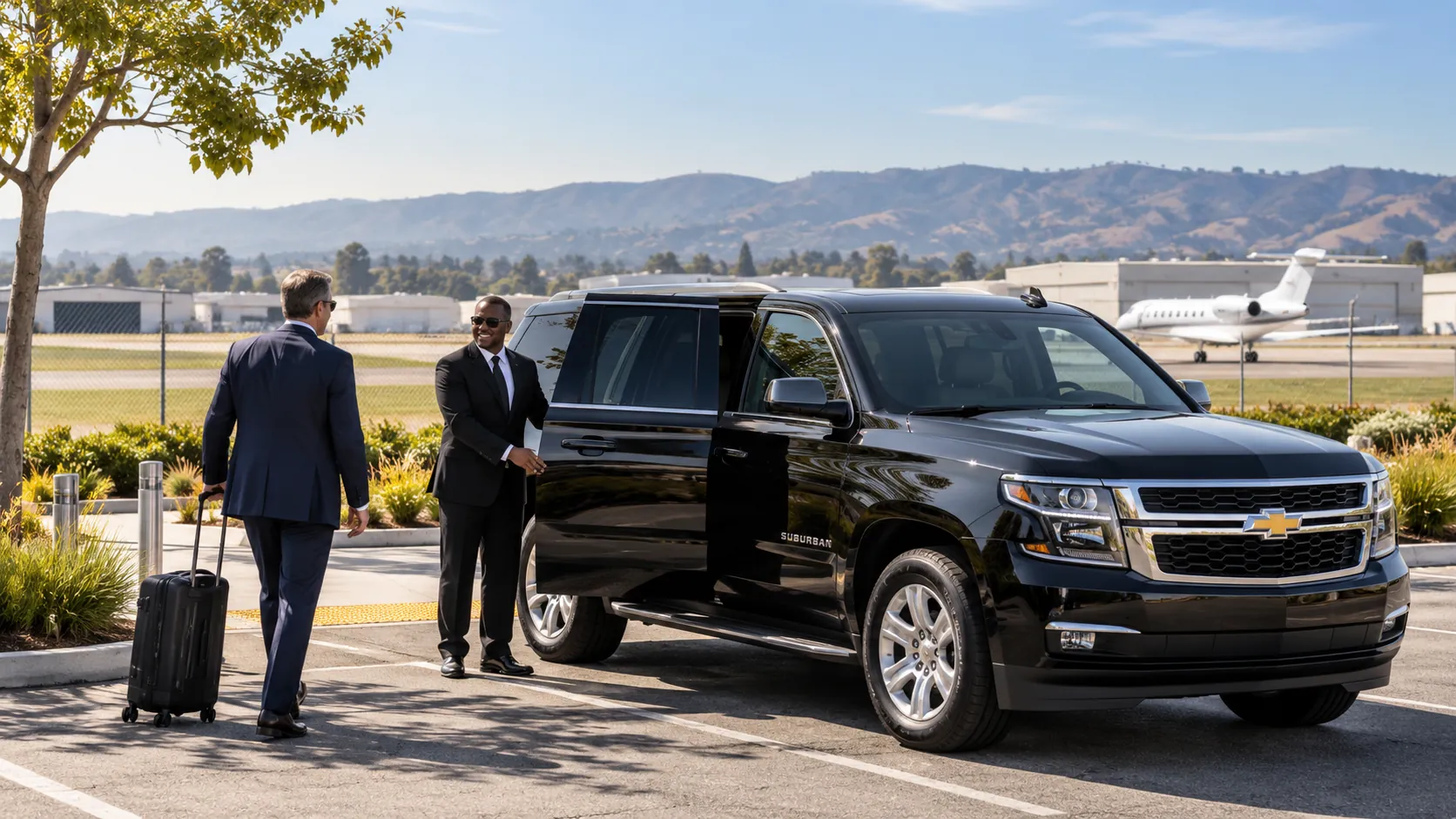 Illustrative chauffeur and black SUV meeting a traveler outside a controlled airfield gate