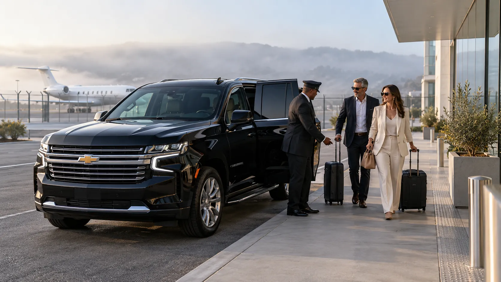 Illustrative coastal private-terminal arrival with a chauffeur, black SUV and two executive travelers