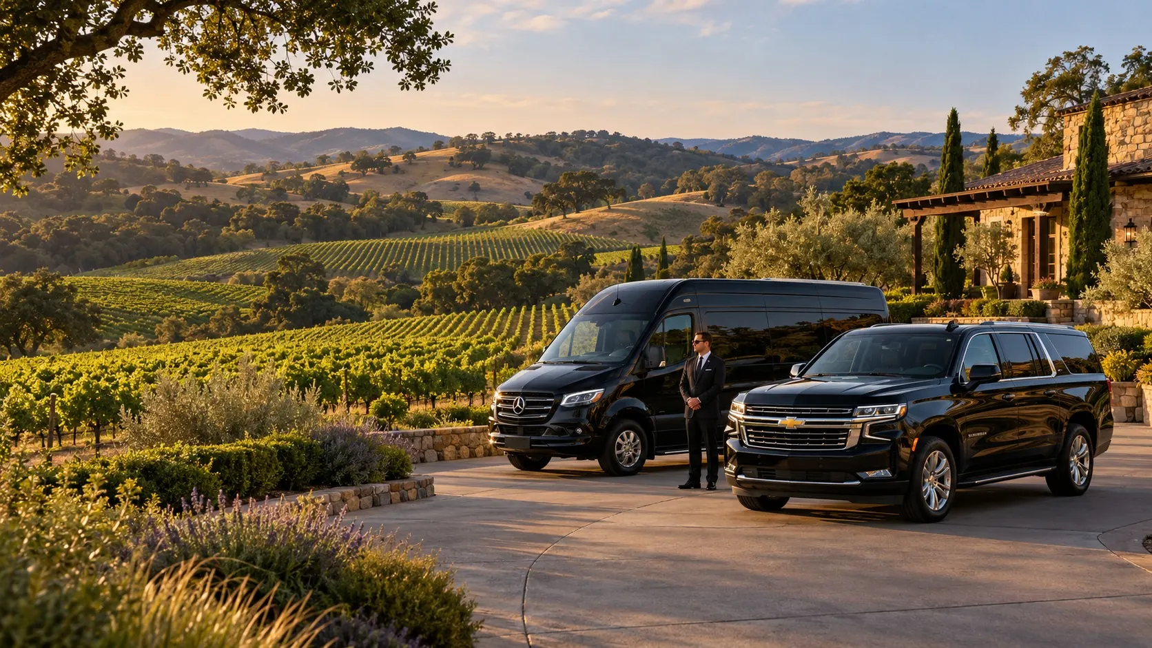 Illustration of a black Chevrolet Suburban and Mercedes-Benz Sprinter with a chauffeur beside vineyards for Sonoma County wine tours
